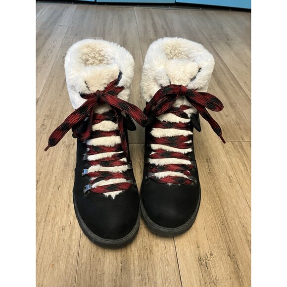 Jelly Pop Black Women Ankle Boots red/black Laces , Soft Faux Fur Cuff Size 8.5 - Picture 1 of 8